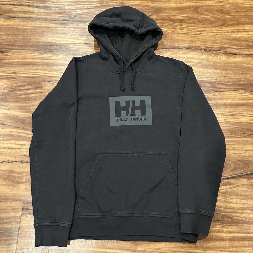 Helly Hansen Hoodie Mens Large Black Fleece Pullover Sweatshirt Box Logo